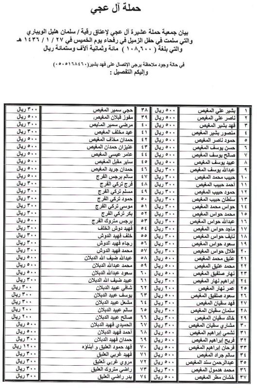 بيان جمعية عشيرة آل عجي لإعتاق رقبة / سلمان الويباري