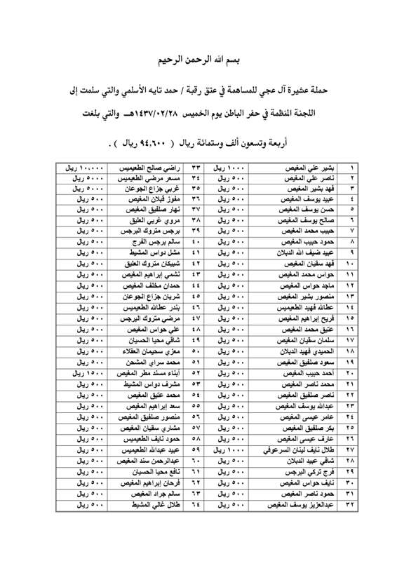 بيان جمعية عشيرة آل عجي لإعتاق رقبة / حمد الأسلمي 